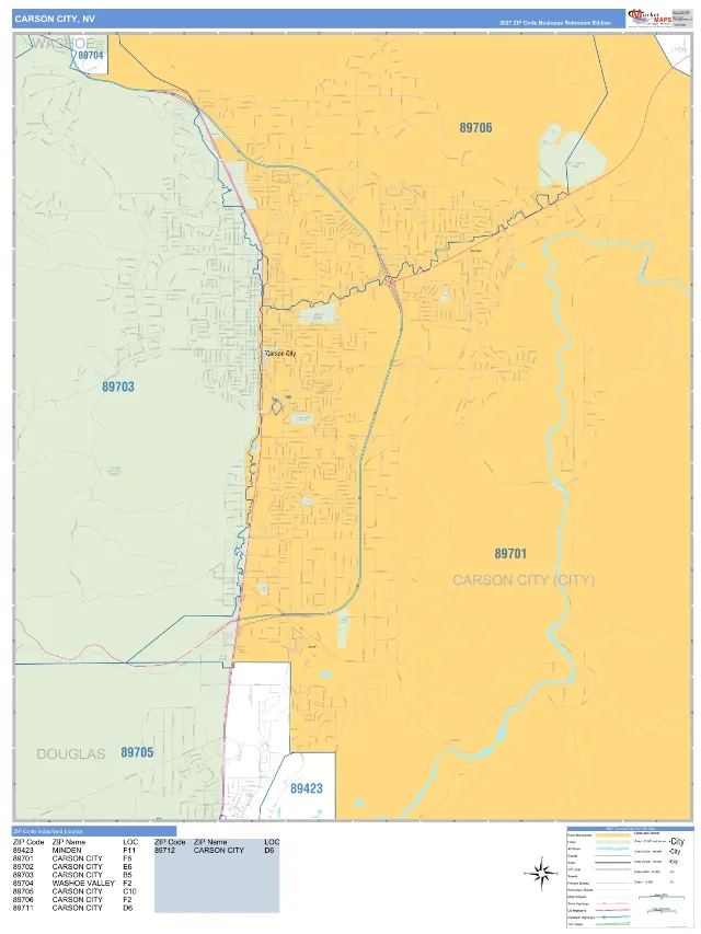 Carson City, NV ZIP Code Wall Map, Business Reference style
