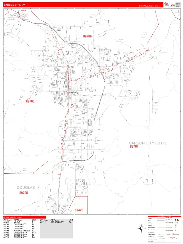 Carson City, NV ZIP Code Wall Map, RedLine style