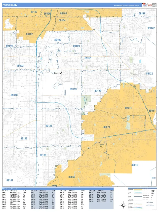 Paradise, NV ZIP Code Wall Map, Business Reference style