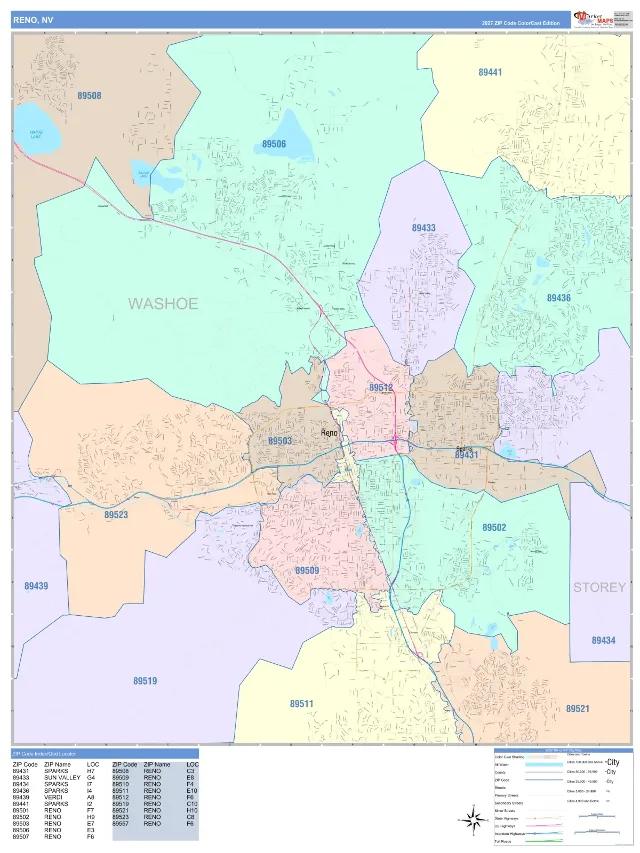 Reno, NV ZIP Code Wall Map, ColorCast style