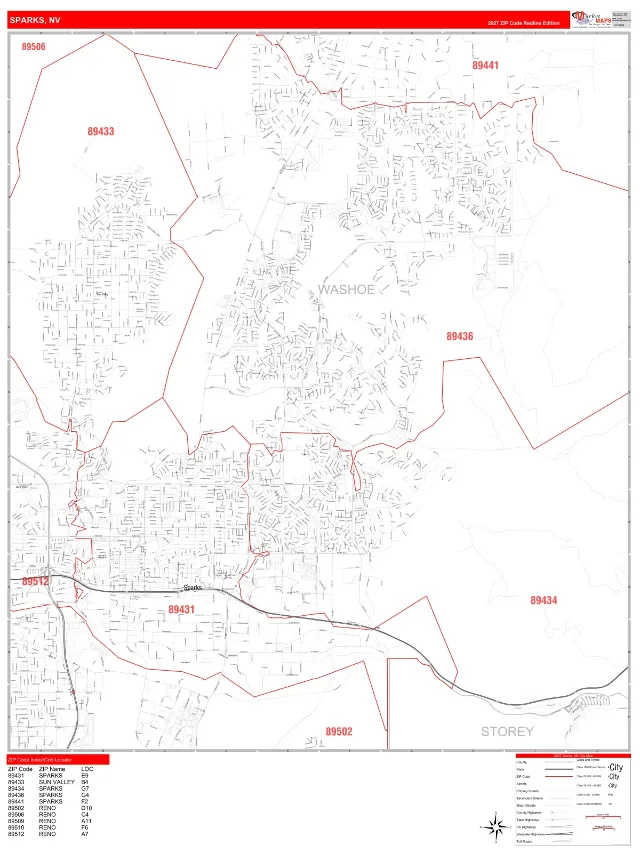 Sparks, NV ZIP Code Wall Map, RedLine style