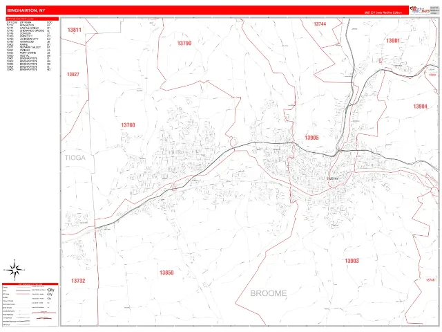 Binghamton, NY ZIP Code Wall Map, RedLine style