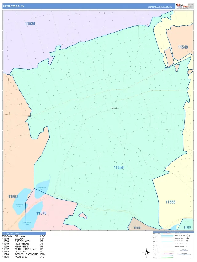 Hempstead, NY ZIP Code Wall Map, ColorCast style