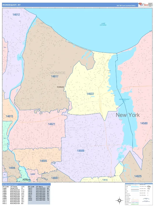 Irondequoit, NY ZIP Code Wall Map, ColorCast style