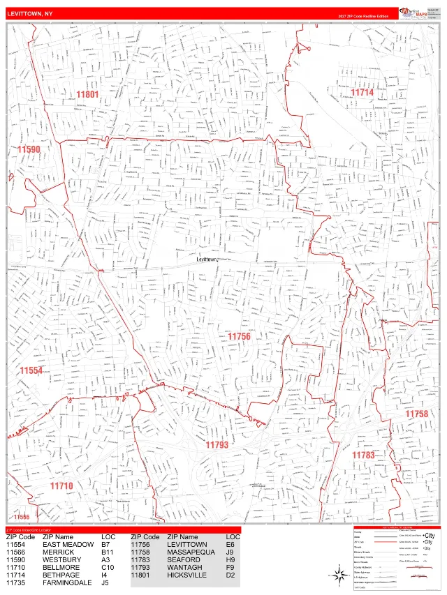 Levittown, NY ZIP Code Wall Map, RedLine style