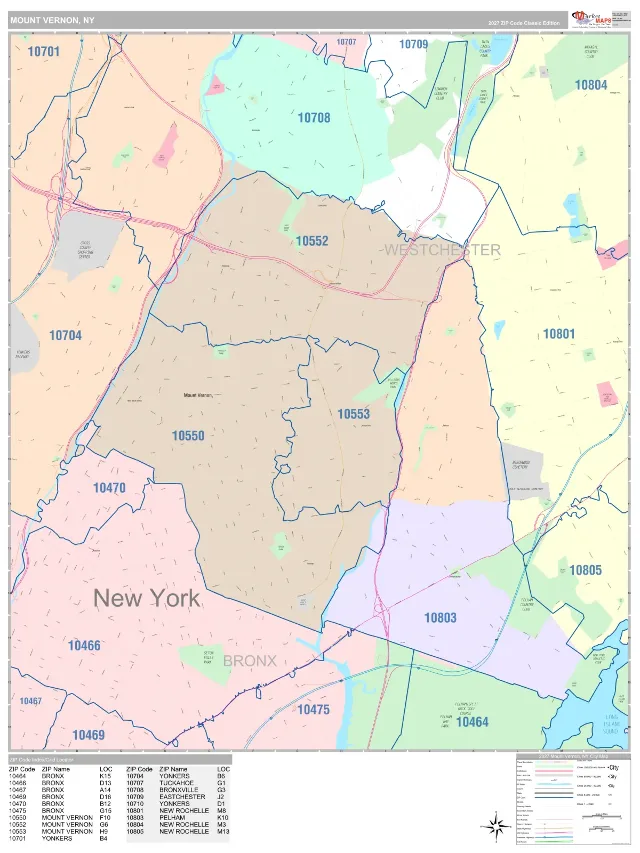 Mount Vernon, NY ZIP Code Wall Map, Classic style
