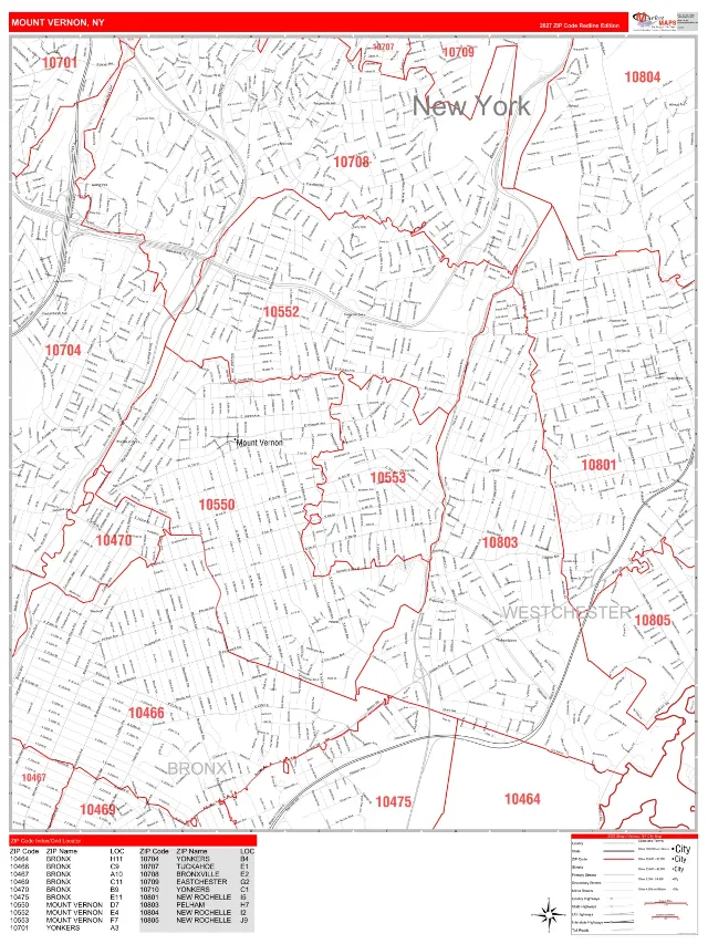 Mount Vernon, NY ZIP Code Wall Map, RedLine style