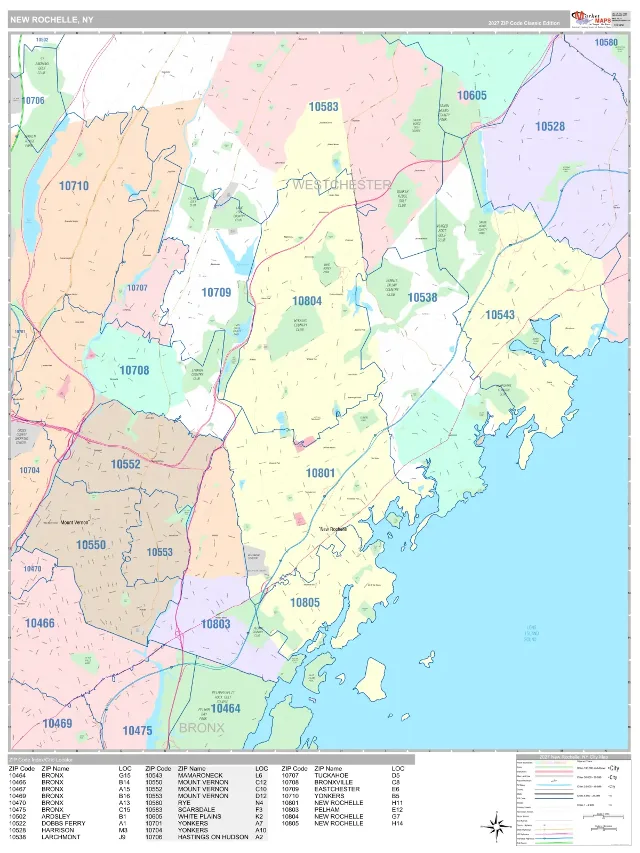 New Rochelle, NY ZIP Code Wall Map, Classic style