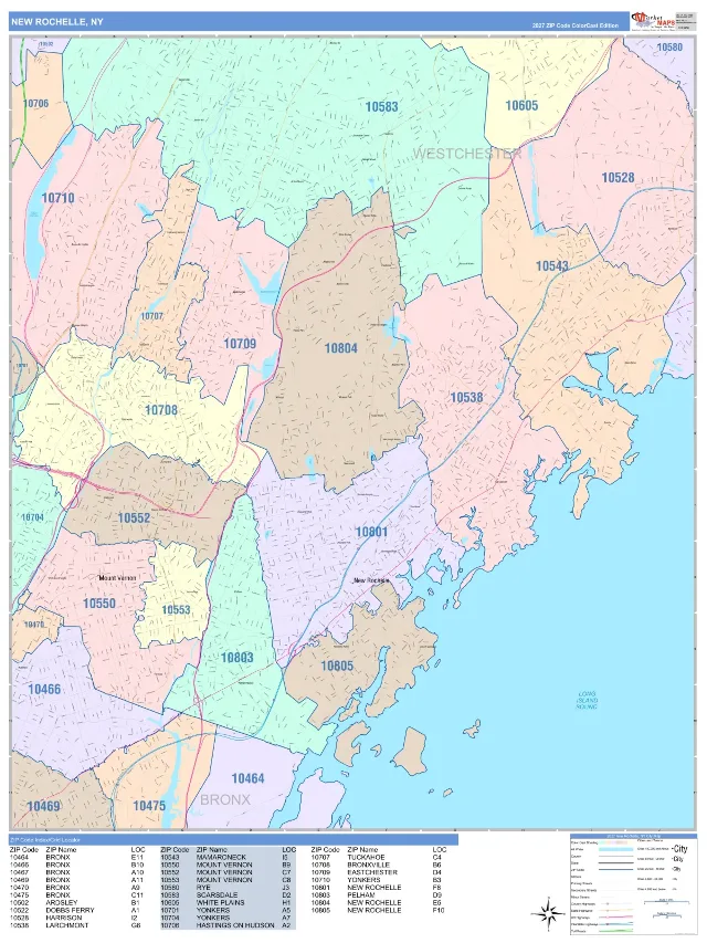 New Rochelle, NY ZIP Code Wall Map, ColorCast style