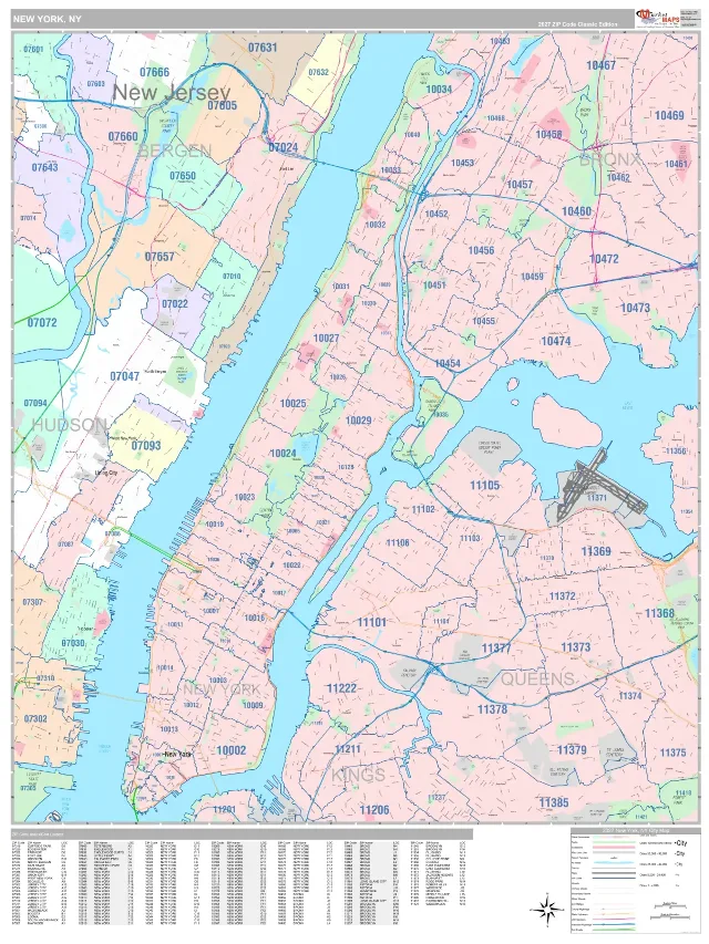 New York, NY ZIP Code Wall Map, Classic style