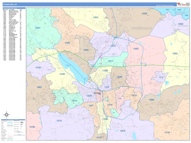 Syracuse, NY ZIP Code Wall Map, ColorCast style