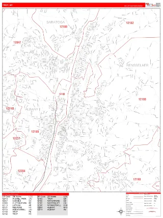 Troy, NY RedLine style ZIP Code wall map