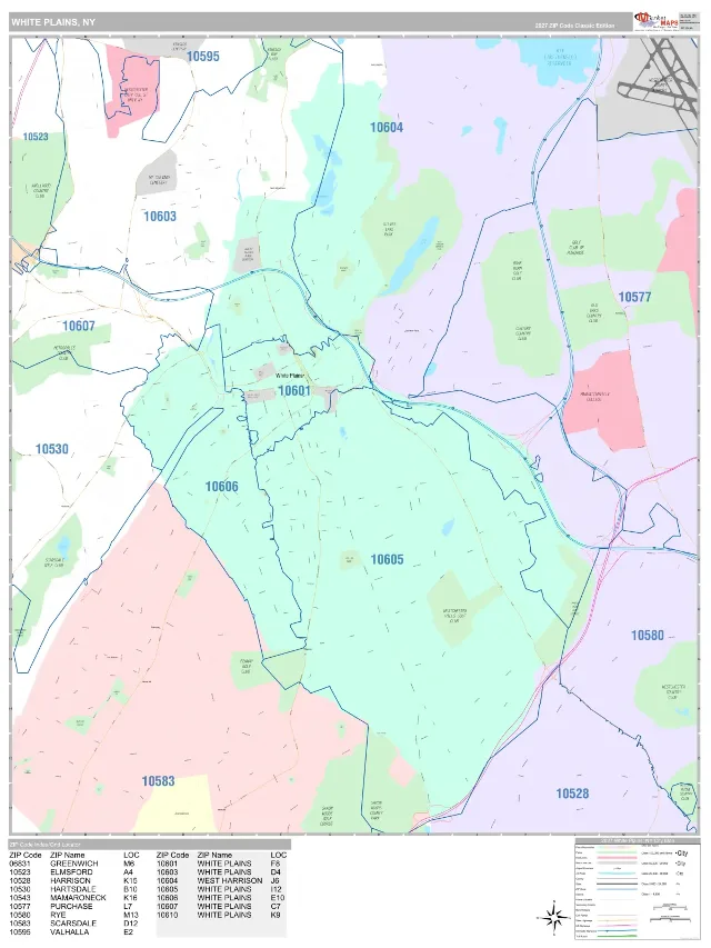 White Plains, NY ZIP Code Wall Map, Classic style