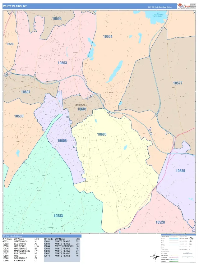 White Plains, NY ZIP Code Wall Map, ColorCast style