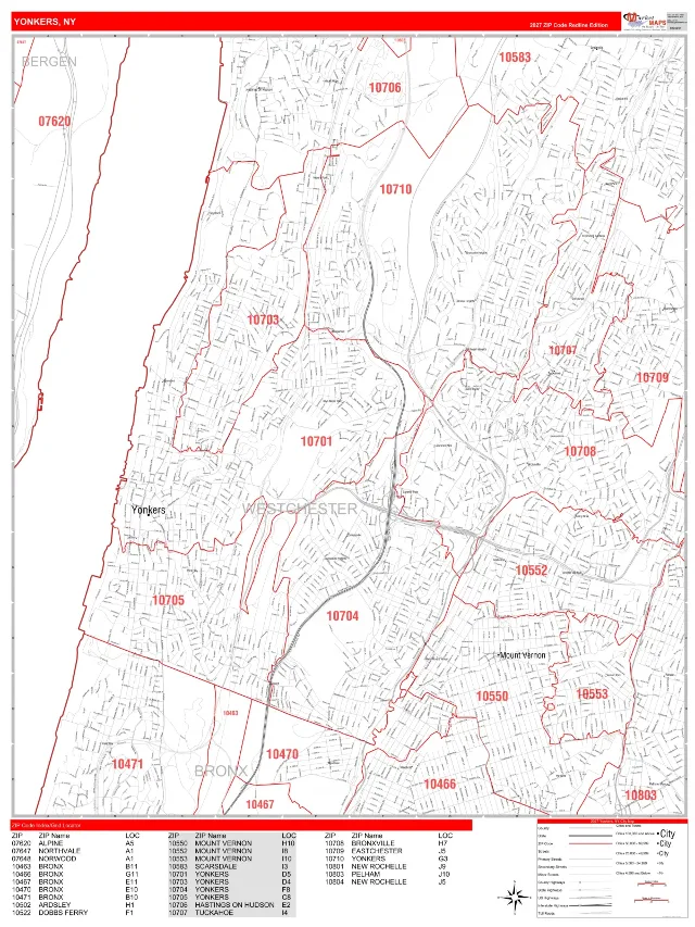 Yonkers, NY ZIP Code Wall Map, RedLine style