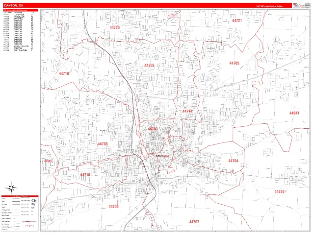 Canton, OH ZIP Code Wall Map, RedLine style
