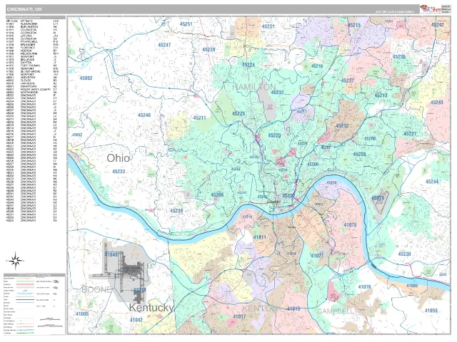 Cincinnati, OH ZIP Code Wall Map, Classic style