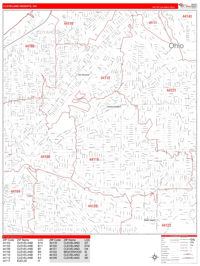 Cleveland Heights, OH ZIP Code Wall Map, RedLine style