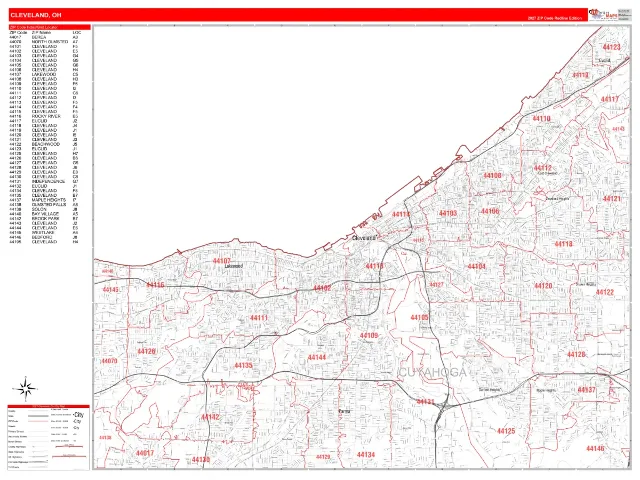 Cleveland, OH ZIP Code Wall Map, RedLine style