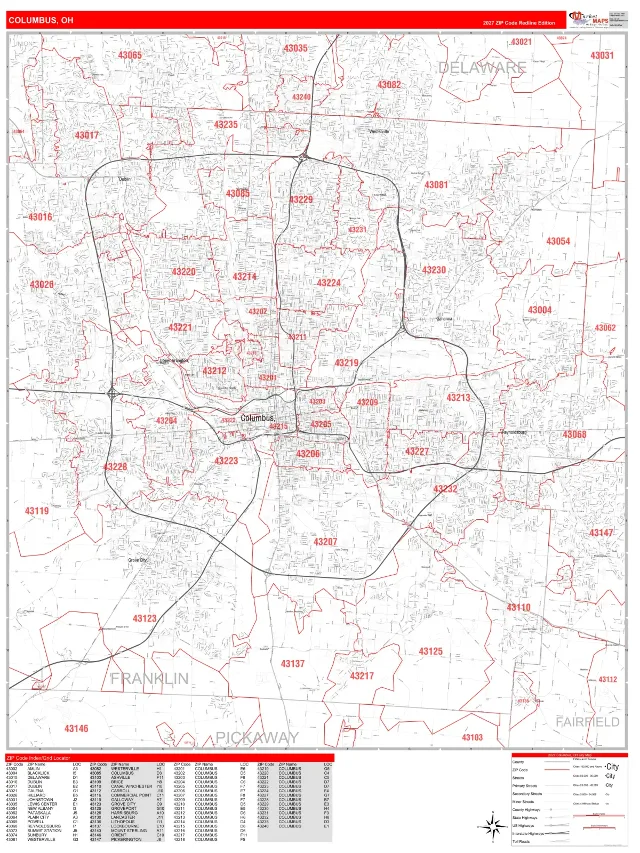 Columbus, OH ZIP Code Wall Map, RedLine style