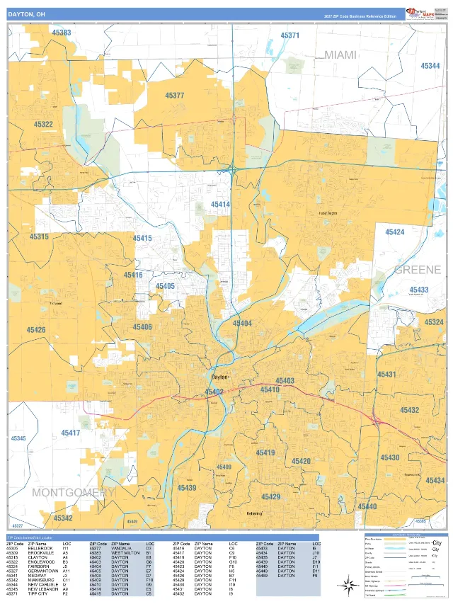 Dayton, OH ZIP Code Wall Map, Business Reference style