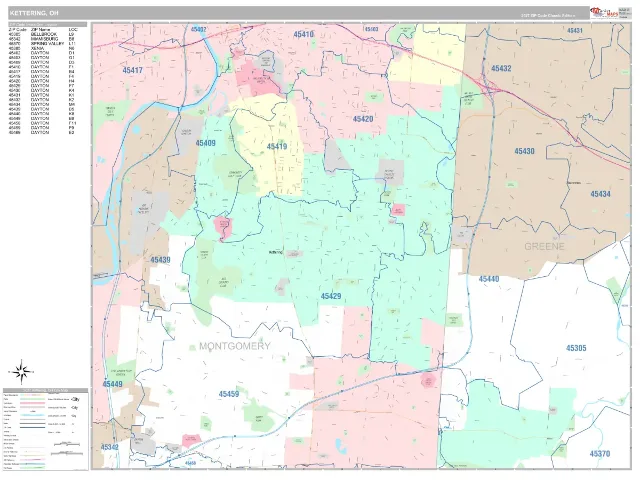 Kettering, OH ZIP Code Wall Map, Classic style