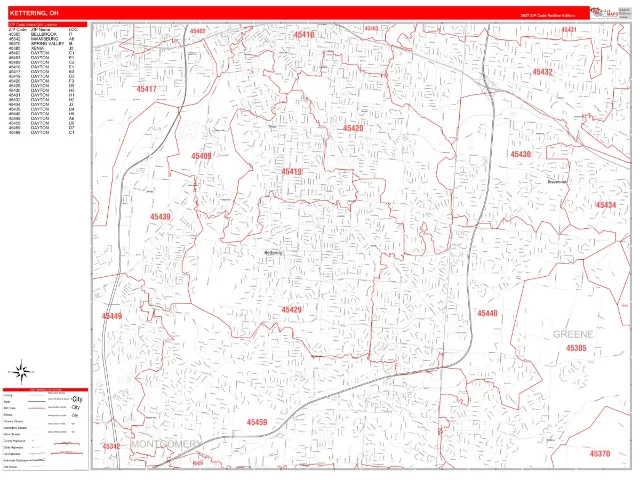 Kettering, OH ZIP Code Wall Map, RedLine style