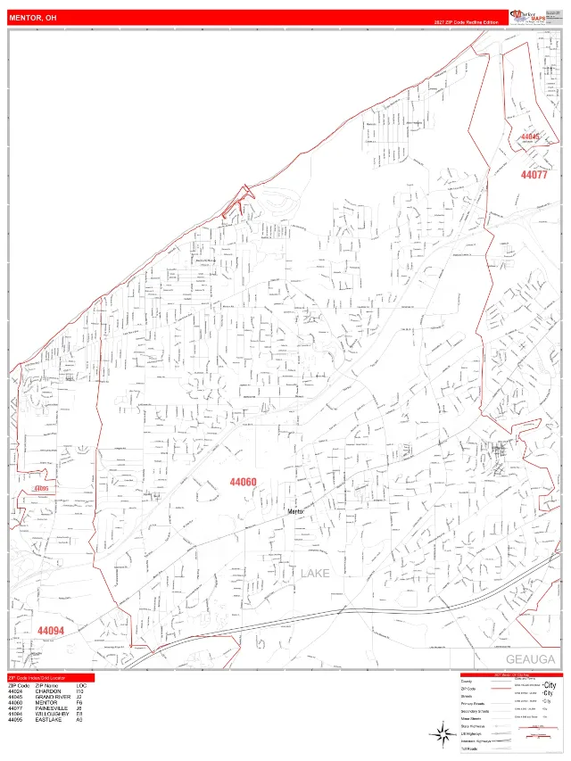 Mentor, OH ZIP Code Wall Map, RedLine style