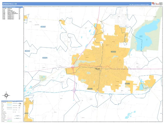 Springfield, OH ZIP Code Wall Map, Business Reference style