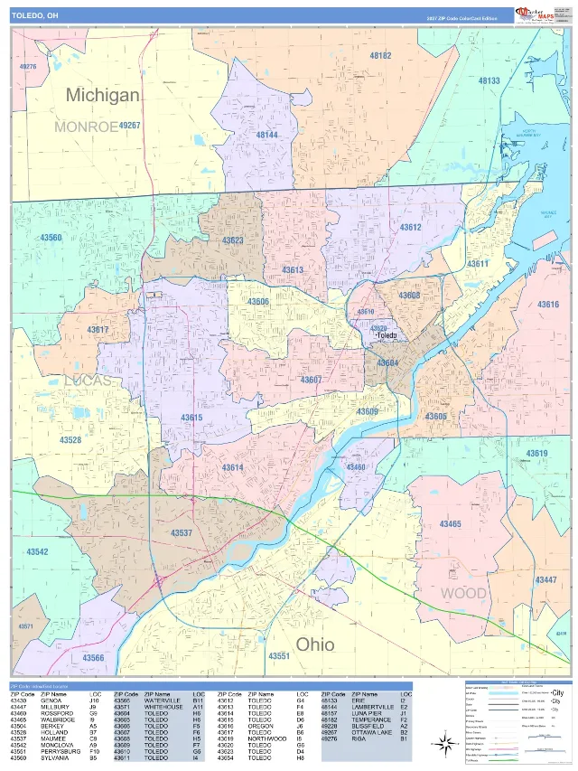Toledo, OH ZIP Code Wall Map, ColorCast style
