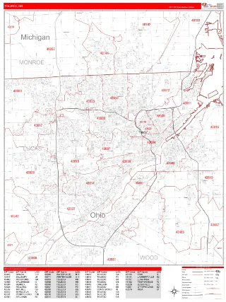Toledo, OH RedLine style ZIP Code wall map