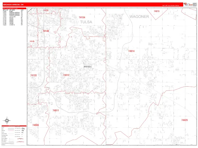 Broken Arrow, OK ZIP Code Wall Map, RedLine style