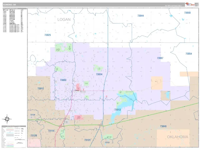 Edmond, OK ZIP Code Wall Map, Classic style