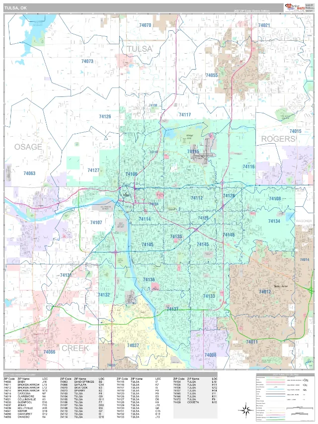 Tulsa, OK ZIP Code Wall Map, Classic style