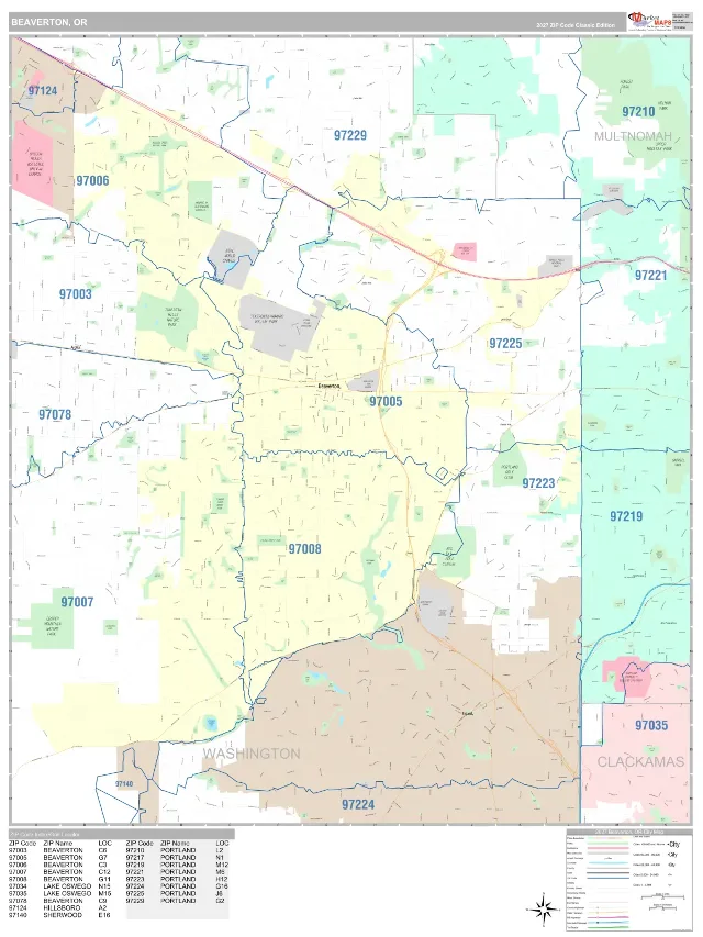Beaverton, OR ZIP Code Wall Map, Classic style