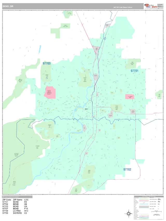 Bend, OR ZIP Code Wall Map, Classic style