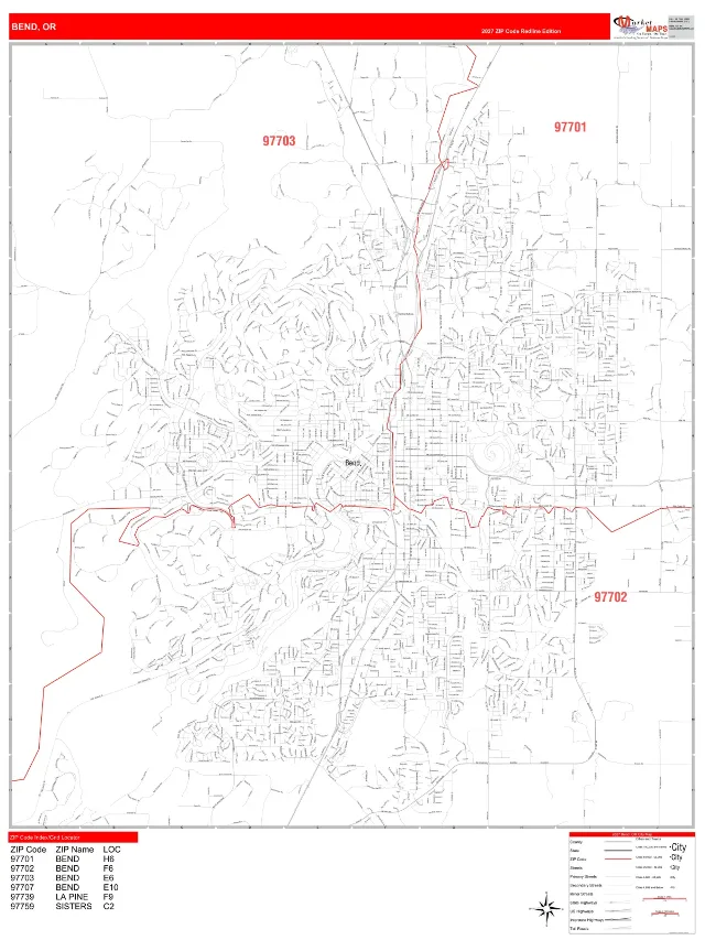 Bend, OR ZIP Code Wall Map, RedLine style