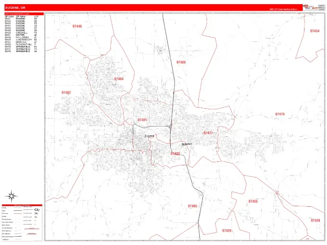 Eugene, OR ZIP Code Wall Map, RedLine style
