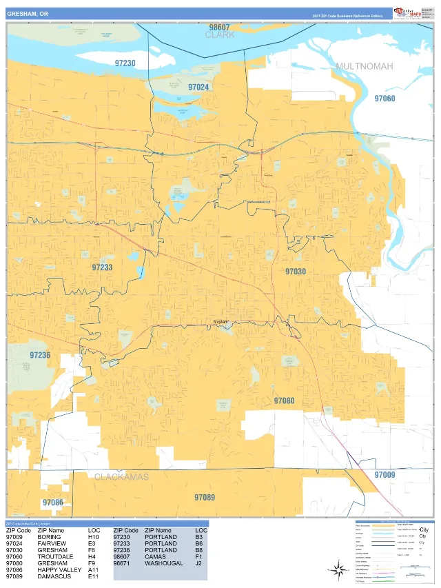 Gresham, OR ZIP Code Wall Map, Business Reference style