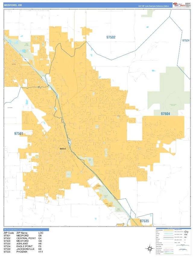Medford, OR ZIP Code Wall Map, Business Reference style