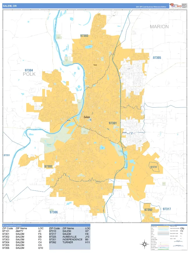 Salem, OR ZIP Code Wall Map, Business Reference style