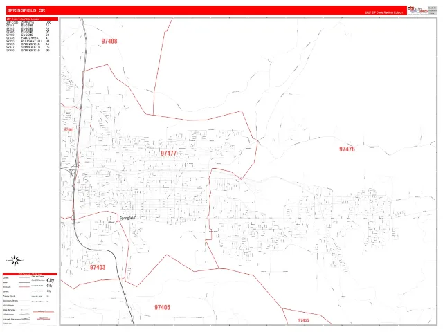 Springfield, OR ZIP Code Wall Map, RedLine style