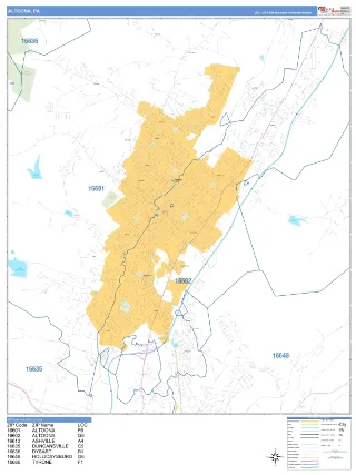 Altoona, PA Business Reference style ZIP Code wall map