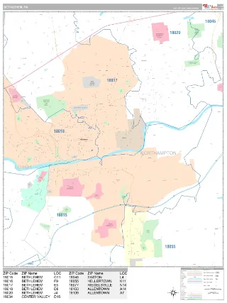 Bethlehem, PA Classic style ZIP Code wall map