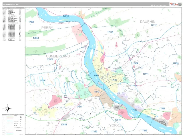Harrisburg, PA ZIP Code Wall Map, Classic style