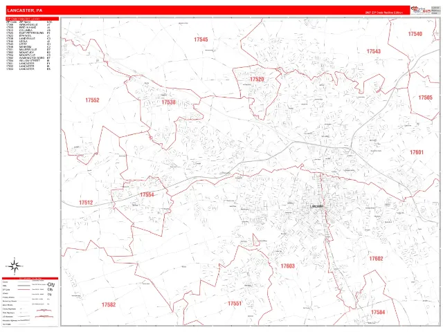 Lancaster, PA ZIP Code Wall Map, RedLine style