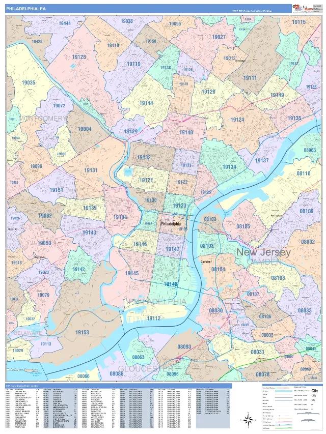 Philadelphia, PA ZIP Code Wall Map, ColorCast style