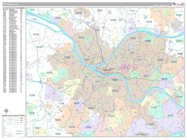 Pittsburgh, PA ZIP Code Wall Map, Classic style