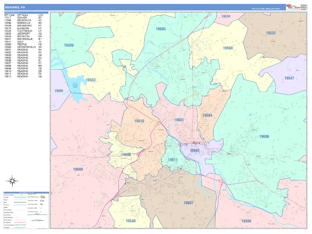 Reading, PA ZIP Code Wall Map, ColorCast style
