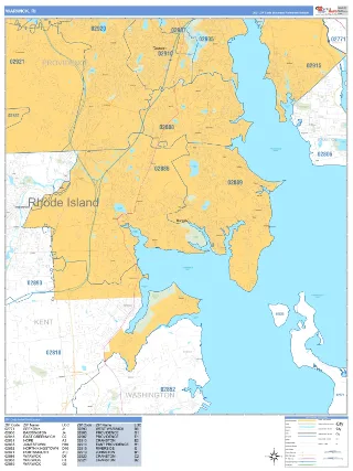 Warwick, RI Business Reference style ZIP Code wall map